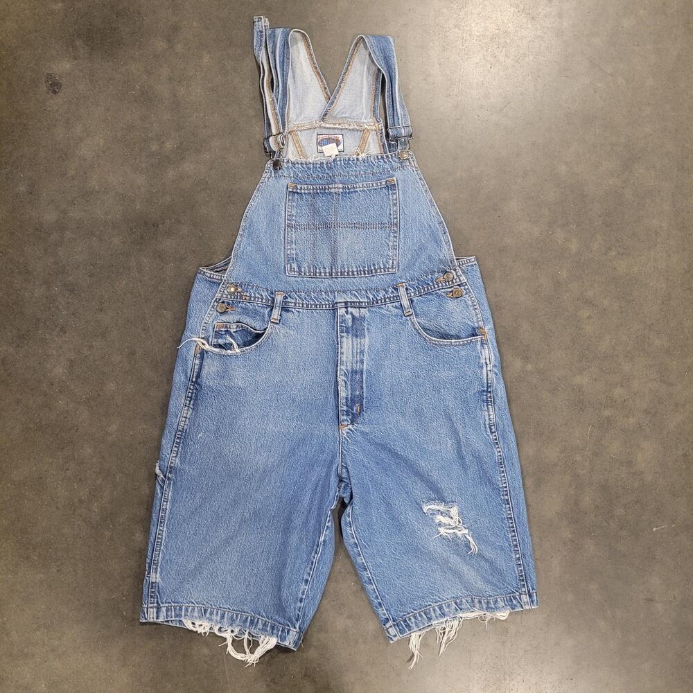 VTG Essentials Shortalls Large Blue Denim Bib Overalls Cut Off Distressed 90s
